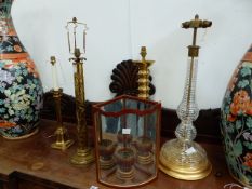 A GROUP OF SEVEN DESIGNER LIGHT FITTINGS, FOUR TABLE LAMPS OF WHICH TWO HAVE CRYSTAL COLUMNS, TWO