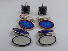 TWO PAIRS OF HALLMARKED SILVER AND ENAMELLED CUFFLINKS TOGETHER WITH A PAIR OF SCREW BACK EARRINGS.