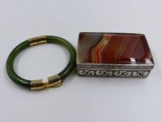 A WHITE METAL AND AGATE BOX FOR REPAIR TOGETHER WITH A JADEITE BANGLE.