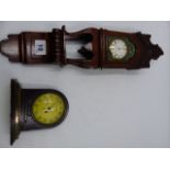 AN INTERESTING SMALL CARVED MAHOGANY CASED WALL CLOCK WITH SWISS MOVEMENT TOGETHER WITH AN ART