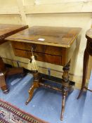 A 19th.C.BURR WALNUT AND INLAID WORK TABLE ON TURNED SUPPORTS AND SHAPED LEGS. W.46cms.