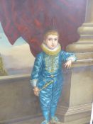 20th.C. SCHOOL FULL LENGTH PORTRAIT OF A YOUNG BOY IN ELIZABETHAN ATTIRE, OIL ON BOARD. 196.5 x