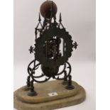 A VICTORIAN BRASS SKELETON CLOCK ON MARBLE BASE WITH SINGLE FUSEE MOVEMENT. H.39cms.