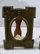 A PAIR OF BRASS VINTAGE EASEL BACK PHOTO FRAMES TOGETHER WITH ANOTHER AND THREE OTHER DESK ARTICLES.