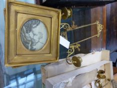 A PAIR OF REGENCY GILT FRAMED HAIRWORK PICTURES TOGETHER WITH A PAIR OF GILT BRASS EASEL BACK