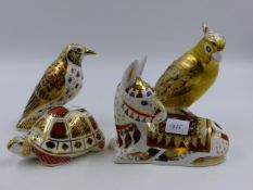 ROYAL CROWN DERBY PAPERWEIGHTS. CITRON COCKATOO, DONKEY, TURTLE AND SONG THRUSH. (4)