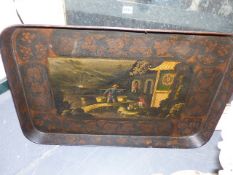 A LARGE REGENCY HAND PAINTED PAPIER MACHE TRAY STAMPED PATENT IMPERIAL SOLID.