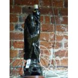 A CHINESE CARVED HARDWOOD FIGURE OF A SAGE NOW MOUNTED AS A LAMP WITH OVERALL WIRE INLAY. H.62cms
