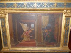 AFTER BOTTICELLI. THE ANNUNCIATION, OIL ON PANEL. 19.5 x 29cms. IN BLUE AND GILT TABERNACLE FRAME.