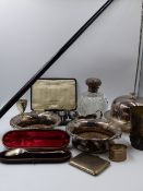 A SELECTION OF SILVER HALLMARKED AND PLATED WARE TO INCLUDE A LARGE VICTORIAN CUT GLASS AND SILVER