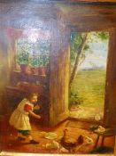 ENGLISH SCHOOL (19th.C.) CHILD FEEDING CHICKENS IN A COTTAGE INTERIOR, OIL ON CANVAS 24 x 19cms. (