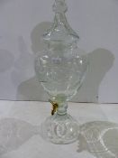 A CUT GLASS URN FORM FOUNTAIN OR CISTERN AND THE COVER WITH SPIKE FINIAL. H.65cms.