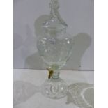 A CUT GLASS URN FORM FOUNTAIN OR CISTERN AND THE COVER WITH SPIKE FINIAL. H.65cms.