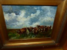 ENGLISH SCHOOL. CATTLE ON A PATH, SIGNED WITH INITIALS, OIL ON BOARD. 11.5 x 15cms.