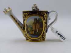 A DERBY MODEL OF A WATERING CAN WITH PAINTED RURAL SCENES. H.8cms.