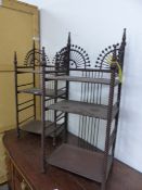 AN UNUSUAL PAIR OF ARTS AND CRAFTS THREE TIER WHATNOTS WITH SPIRAL TURNED SUPPORTS. W.45 x H.