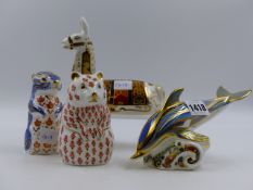 ROYAL CROWN DERBY PAPERWEIGHTS. STRIPED DOLPHIN, LLAMA, CHIPMONK AND BEAVER. (4)