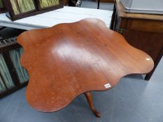 A VICTORIAN MAHOGANY TILT TOP TRIPOD TABLE WITH SHAPED TOP. W.88 x H.73cms.