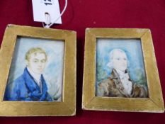 19th.C. ENGLISH SCHOOL. A PAIR OF MINIATURE PORTRAITS OF GENTLEMAN, WATERCOLOUR. 6.5 x 5cms.