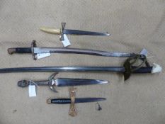 AN ANTIQUE CURASSIER'S SWORD TOGETHER WITH THREE MASONIC TYPE DAGGERS AND A BAYONET.