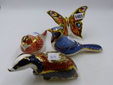 ROYAL CROWN DERBY PAPERWEIGHTS. PEACOCK BUTTERFLY, BLUE JAY, MOONLIGHT BADGER AND PHEASANT. (4)