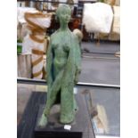 A 20th.C.BRONZE FIGURE OF A GIRL IN OPEN FRONTED GOWN MONOGRAMED S E 2/10. H.33cms.