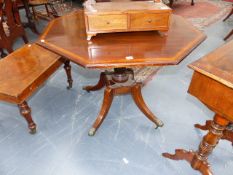 AN ANTIQUE MAHOGANY AND SATINWOOD BANDED BIRD CAGE TILT TOP CENTRE TABLE WITH OCTAGONAL TOP OVER