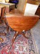 A GEORGIAN AND LATER MAHOGANY TRIPOD TABLE WITH DROP LEAF CLOVER LEAF SHAPE BOXWOOD STRUNG TOP.