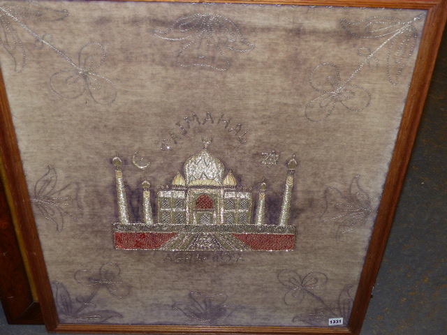 AN INDIAN PANEL EMBROIDERED WITH THE TAJMAHAL IN METALLIC THREAD. 70.5 x 64.5cms TOGETHER WITH A