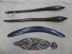 A GOOD AUSTRALIAN ABORIGINAL BOOMERANG WITH INCISED DECORATION, L.55cms TOGETHER WTIH TWO ABORIGINAL