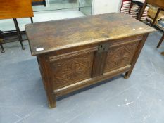 AN 18th.C.CARVED OAK SMALL COFFER. W.98 x H.60cms.