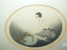 AN ART DECO ETCHING AND AQUATINT OF A LADY WITH MONKEY AND GOLDFISH. 15 x 19.5cms.