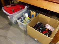 THREE LARGE BOXES OF VARIOUS WORKSHOP AND OTHER TOOLS, MANY IN UNUSED CONDITION.