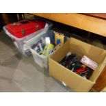 THREE LARGE BOXES OF VARIOUS WORKSHOP AND OTHER TOOLS, MANY IN UNUSED CONDITION.