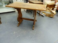 A HEAL'S OAK SMALL REFECTORY TABLE WITH SHAPED TRESTLE ENDS. TOP 96 x 60cms H.74cms.
