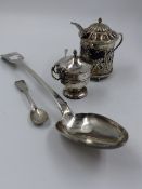 A GEORGIAN SILVER HALLMARKED SERVING SPOON DATED 1827 LONDON,TOGETHER WITH A SILVER MUSTARD AND