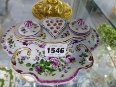 A DELFT TYPE POTTERY INKSTAND, AN ITALIAN CLASSICAL STYLE INKSTAND AND A PARIS PORCELAIN CUP. (3)