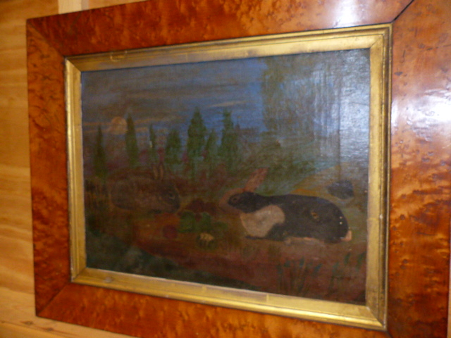 ENGLISH NAIVE SCHOOL. TWO RABBITS IN A LANDSCAPE, OIL ON CANVAS IN BIRD'S EYE MAPLE FRAME. 29 x - Image 3 of 4