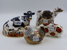 ROYAL CROWN DERBY PAPERWEIGHTS. FRIESIAN COW 'BUTTERCUP', BLUE BELL CALF, PIG AND CHICKEN. (4)