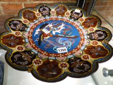 A PAIR OF JAPANESE CLOISONNE SAUCER DISHES OF LOBED FORM WITH CENTRAL MEDALLIONS OF PHOENIX BIRDS.