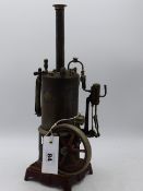 A GOOD EARLY BING SPIRIT FIRED VERTICAL STEAM STATIONARY ENGINE IN ORIGINAL PINE BOX.
