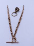 A VICTORIAN ROSE GOLD FACETED ROLLERBALL DOUBLE ALBERT CHAIN COMPLETE WITH T-BAR, MAKERS MARK CDB