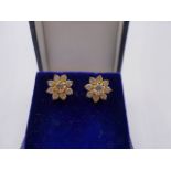 A PAIR OF YELLOW METAL DIAMOND CLUSTER CLAW SET STUD EARRINGS. APPROXIMATE TOTAL ESTIMATED DIAMOND