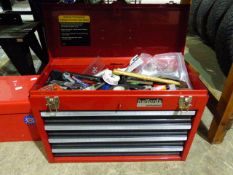 TWO LARGE TOOL BOXES AND CONTENTS TOGETHER WITH A SMALL COMPRESSOR.