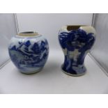A CHINESE BLUE AND WHITE EXPORT GINGER JAR WITH LANDSCAPE DECORATION TOGETHER WITH A VASE