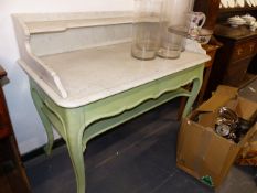 A 19th.C.FRENCH PAINTED MARBLE TOP TWO DRAWER SIDE TABLE WITH SHAPED 3/4 GALLERY BACK, SCROLL LEGS