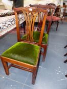 A SET OF FOUR 19th.C.MAHOGANY DINING CHAIRS WITH PIERCED BACK SLAT AND CARVED CREST RAILS.