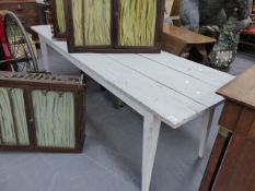 AN ANTIQUE RUSTIC PAINTED FARMHOUSE KITCHEN TABLE WITH THREE PLANK TOP ON SQUARE TAPER LEGS. L.238 x