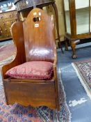 A 19th.C.FRUITWOOD/SATINBIRCH CHILD'S ROCKING/ POTTY CHAIR, SHAPED HIGH BACK WITH PIERCED HAND HOLD