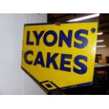 A DOUBLE SIDED ENAMEL ADVERTISING SIGN FOR LYONS CAKE AND ANOTHER FOR ALADDIN PINK PARAFFIN. (2)